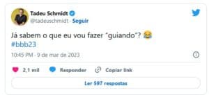 Tadeu brincou com falha técnica no BBB23 (Foto: Reprodução / Twitter) Tadeu brincou com falha técnica no BBB23 (Foto: Reprodução / Twitter)
