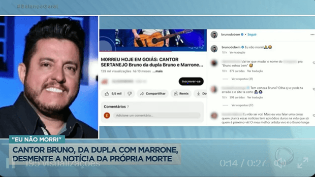 Bruno, da dupla Marrone, desmente a própria morte pelas redes sociais (Foto Rerodução/PlayPlus) Bruno, da dupla Marrone, desmente a própria morte pelas redes sociais (Foto Rerodução/PlayPlus)