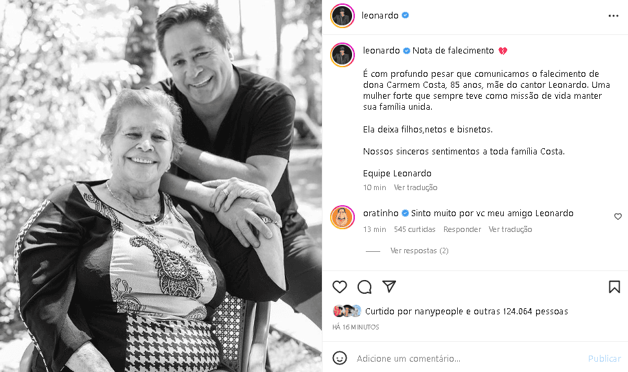 Morre dona Carmem, mãe do cantor Leonaro (Foto: Reprodução/ Instagram) Morre dona Carmem, mãe do cantor Leonaro (Foto: Reprodução/ Instagram)