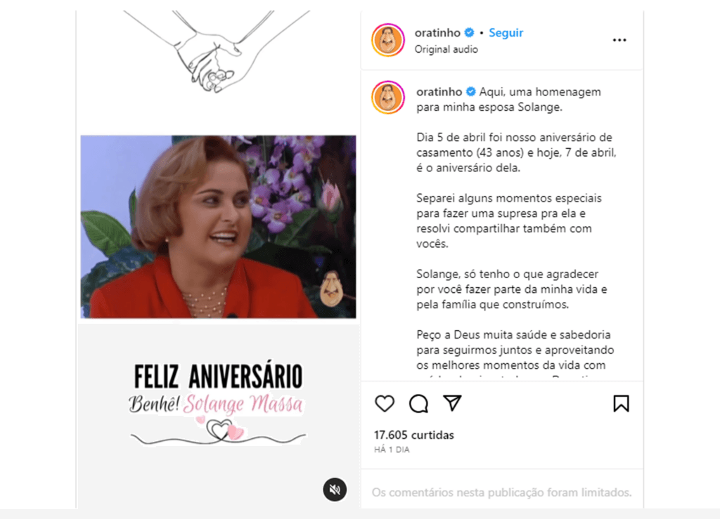 Homenagem feita por Ratinho em seu Instagram para sua esposa (Foto: Reprodução, Instagram) 