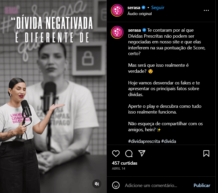 Serasa ajuda brasileiros a identificar o que é fake ou fato quanto às informações sobre dívidas que circulam (Foto Reprodução/Instagram) Serasa ajuda brasileiros a identificar o que é fake ou fato quanto às informações sobre dívidas que circulam (Foto Reprodução/Instagram)
