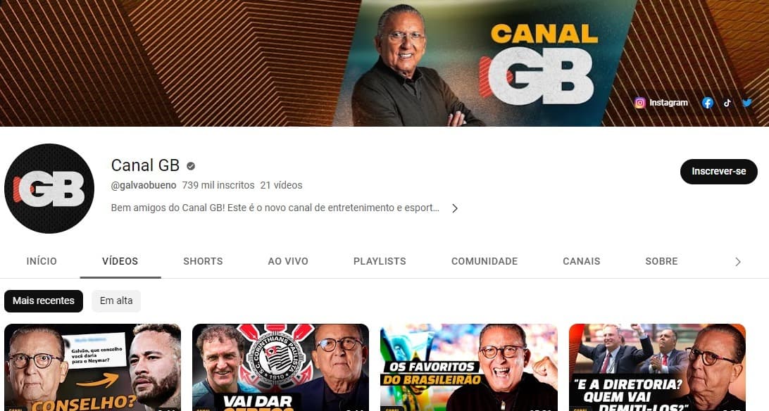 Novo canal de Galvão Bueno, no Youtube (Reprodução: Internet)
