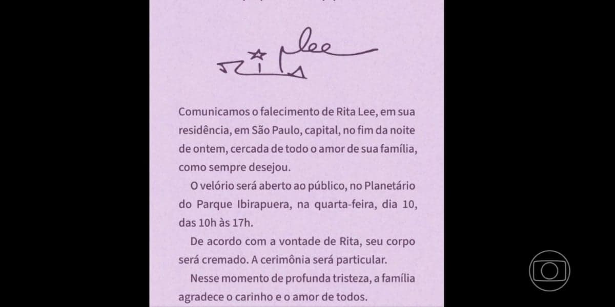 Comunicado da morte de Rita Lee (Foto: Reprodução/TV Globo) Comunicado da morte de Rita Lee (Foto: Reprodução/TV Globo)