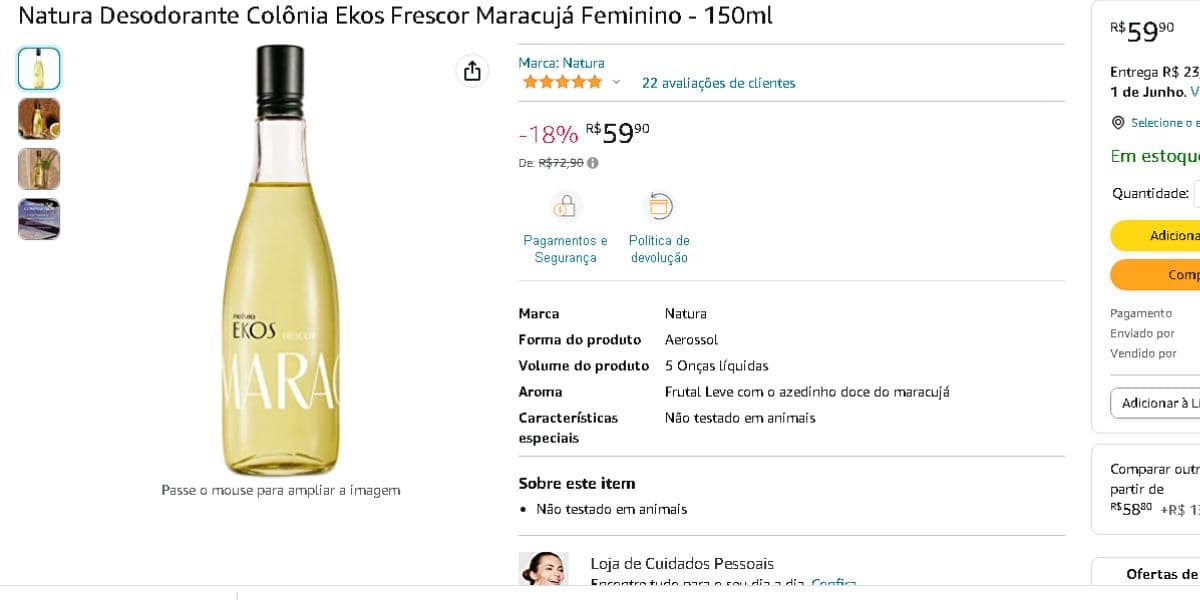 Desodorante Colônia Ekos Natura (Reprodução - Amazon) Desodorante Colônia Ekos Natura (Reprodução - Amazon)