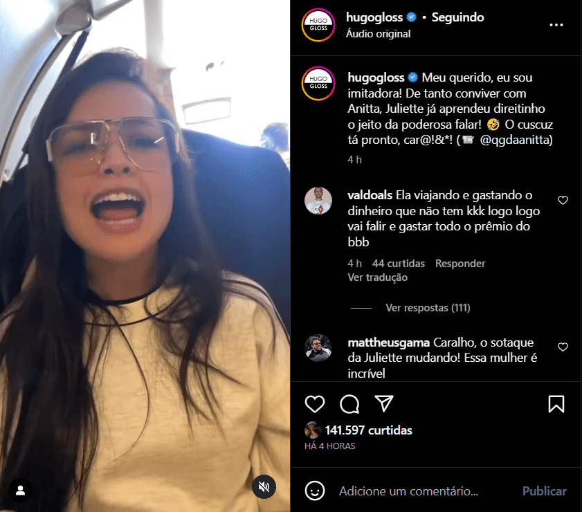 Publicação nas redes sociais aonde Juliette imida Anitta (Foto Reprodução/Instagram) Publicação nas redes sociais aonde Juliette imida Anitta (Foto Reprodução/Instagram)