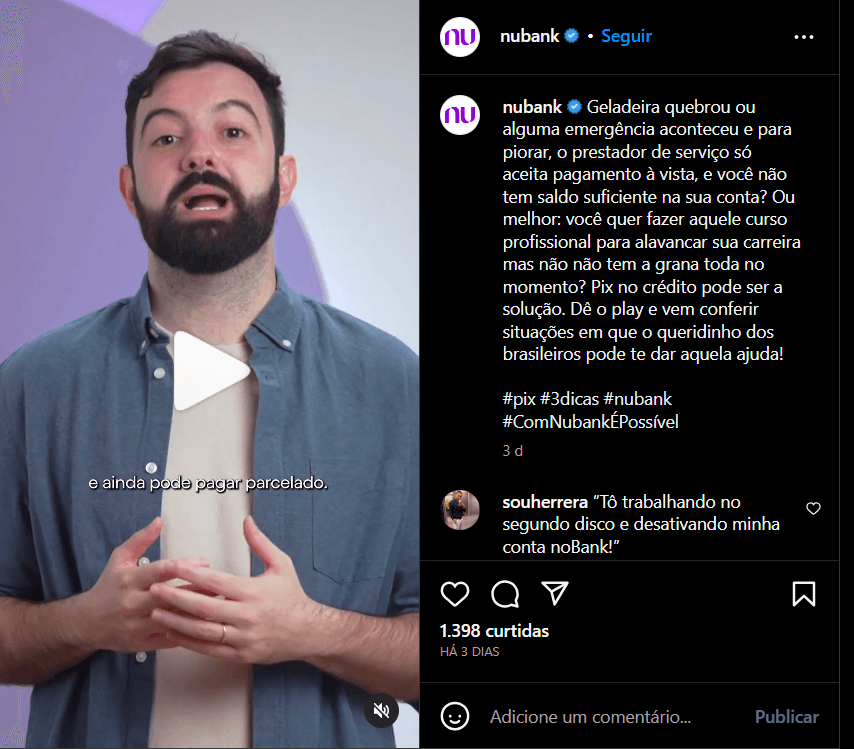 Nubank explica a função pix no crédito por meio das suas redes sociais (Foto Reprodução/Internet) Nubank explica a função pix no crédito por meio das suas redes sociais (Foto Reprodução/Internet)