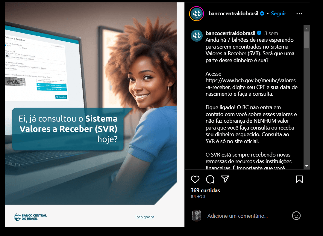 Comunicado feito pelo Banco Central a respeito do SVR (Foto Reprodução/Instagram) Comunicado feito pelo Banco Central a respeito do SVR (Foto Reprodução/Instagram)