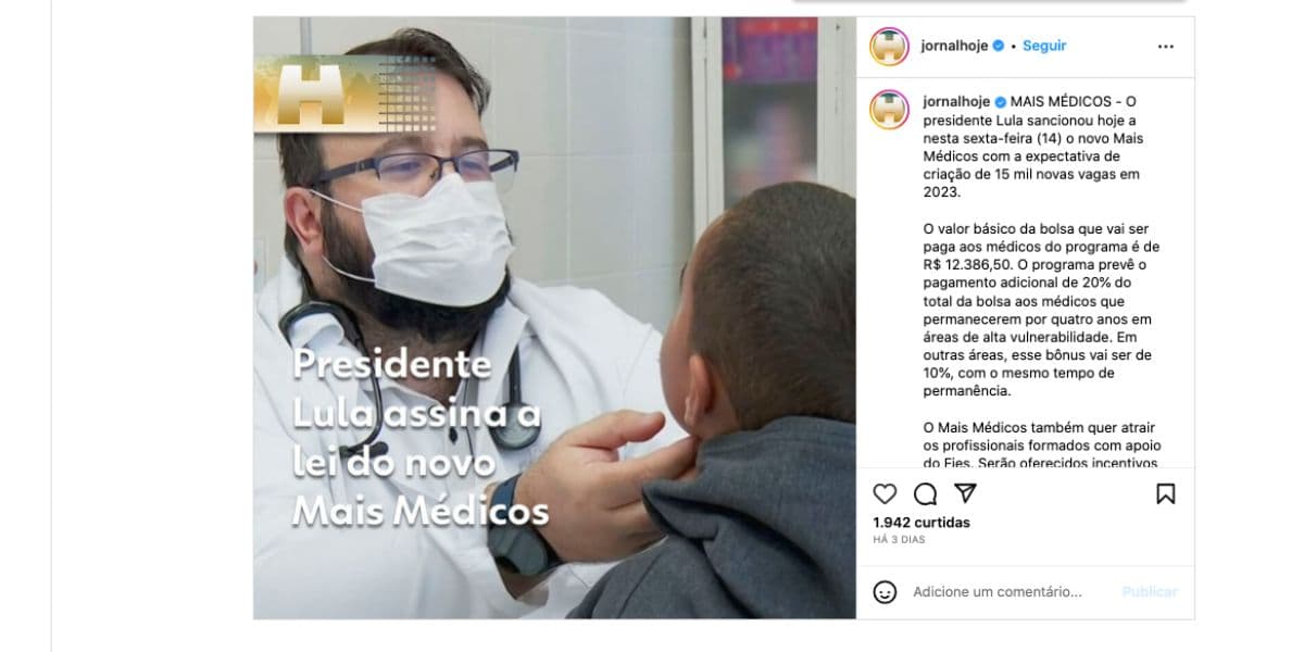 Nova lei do programa Mais Médicos (Foto: Reprodução / Instagram) Nova lei do programa Mais Médicos (Foto: Reprodução / Instagram)