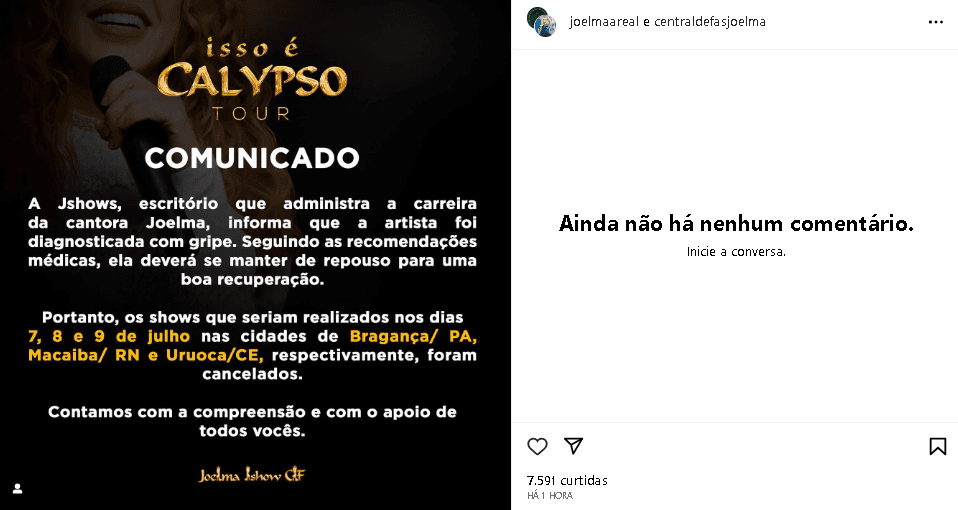 Assessoria de imprensa de Joelma confirmou o cancelamento dos shows (Foto: Reprodução/ Instagram) Assessoria de imprensa de Joelma confirmou o cancelamento dos shows (Foto: Reprodução/ Instagram)