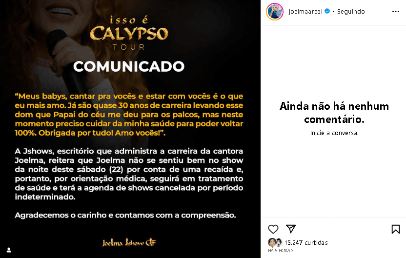 Joelma chocou ao suspender agenda de seus shows por motivo de saúde (Foto: Reprodução/ Instagram) Joelma chocou ao suspender agenda de seus shows por motivo de saúde (Foto: Reprodução/ Instagram)