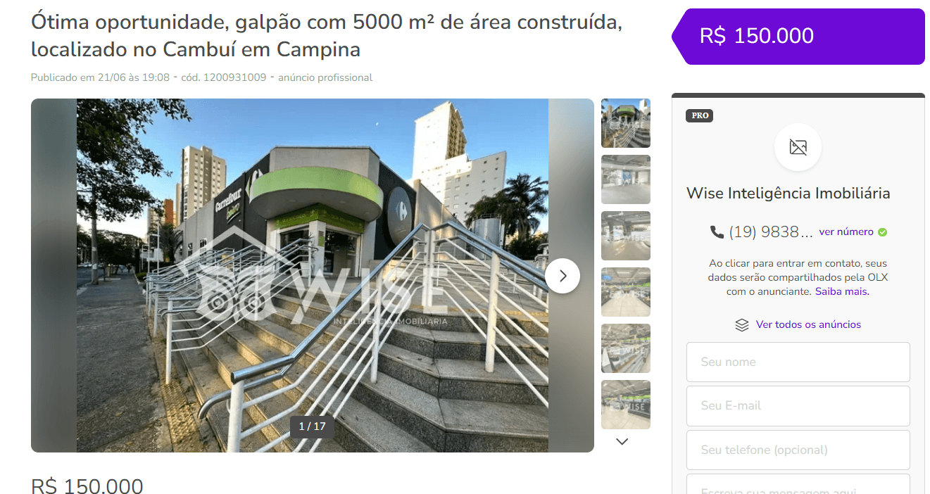 Anúncio da venda do imóvel aonde ficava localizado o Carrefour Cambuí (Foto Reprodução/OLX) Anúncio da venda do imóvel aonde ficava localizado o Carrefour Cambuí (Foto Reprodução/OLX)