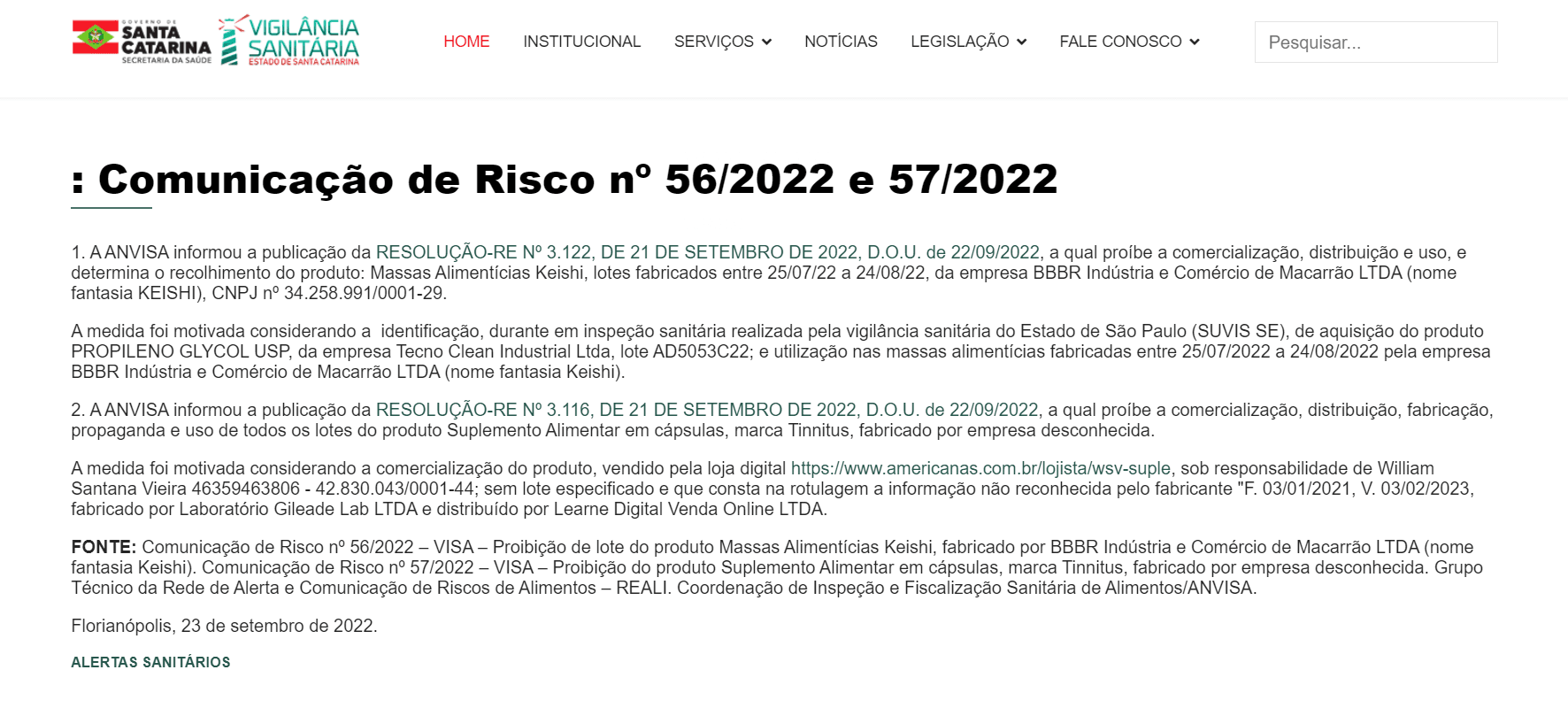 Comunicado oficial da Anvisa (Foto Reprodução/Prefeitura de Santa Catarina) Comunicado oficial da Anvisa (Foto Reprodução/Prefeitura de Santa Catarina)