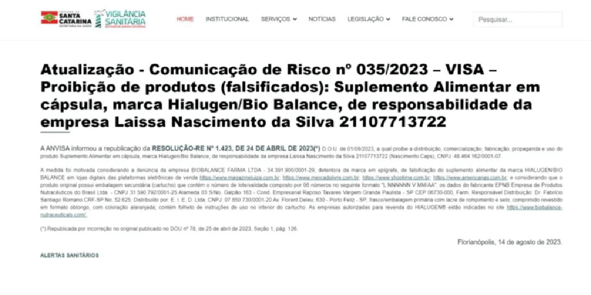 Comunicado da ANVISA (Foto: Reprodução/ Internet) Comunicado da ANVISA (Foto: Reprodução/ Internet)