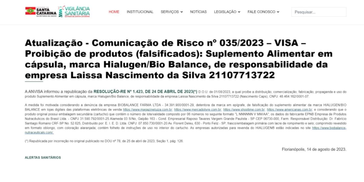 Comunicado da Anvisa (Foto: Reprodução/Vigilância Sanitária SC) Comunicado da Anvisa (Foto: Reprodução/Vigilância Sanitária SC)