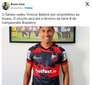 Vinícius Balieiro foi cedido e não jogará pelo Peixe (Foto: Reprodução / Twitter) Vinícius Balieiro foi cedido e não jogará pelo Peixe (Foto: Reprodução / Twitter)