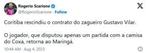 Coritiba rescindiu contrato com Gustavo Vilar (Foto: Reprodução / Twitter) Coritiba rescindiu contrato com Gustavo Vilar (Foto: Reprodução / Twitter)