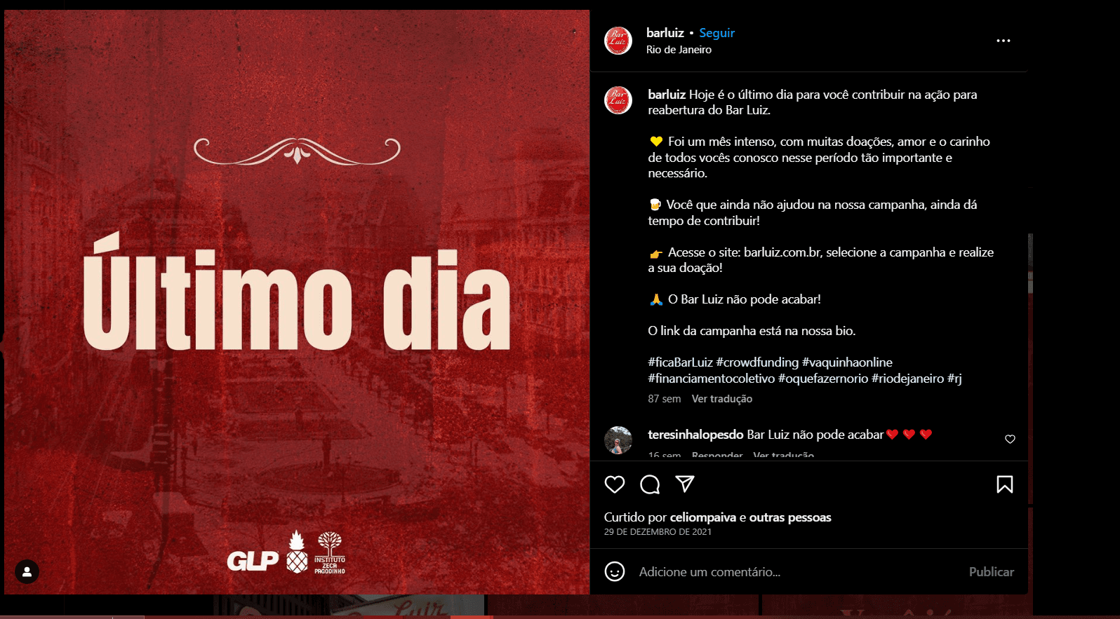 Anúncio do último dia do Bar Luiz nas redes sociais (Foto Reprodução/Instagram) Anúncio do último dia do Bar Luiz nas redes sociais (Foto Reprodução/Instagram)