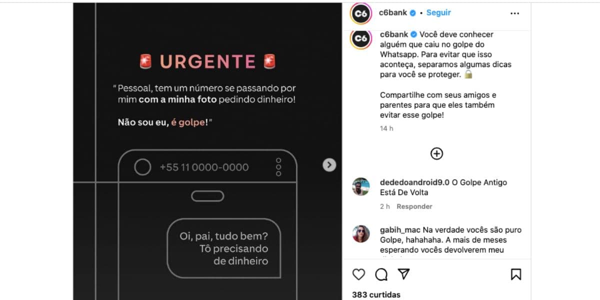 Comunicado do C6 Bank (Foto: Reprodução / Instagram) Comunicado do C6 Bank (Foto: Reprodução / Instagram)