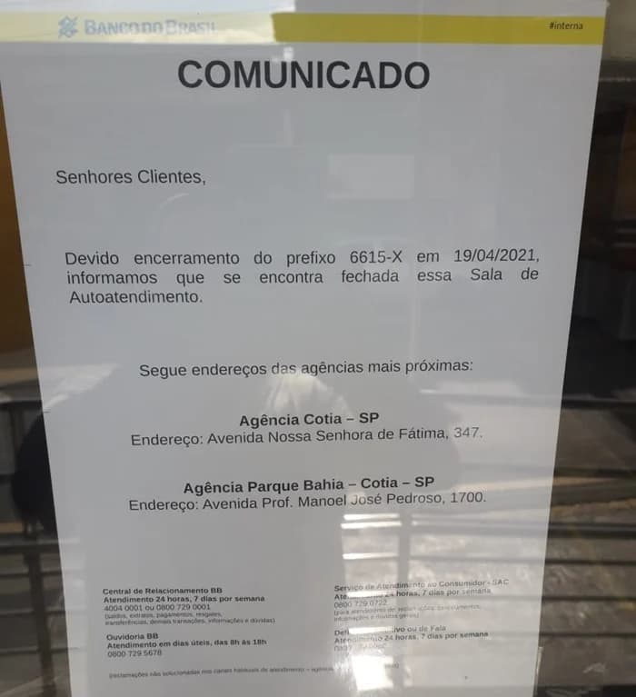 Comunicado de encerramento fixado na porta do BB - Foto: Reprodução/Internet