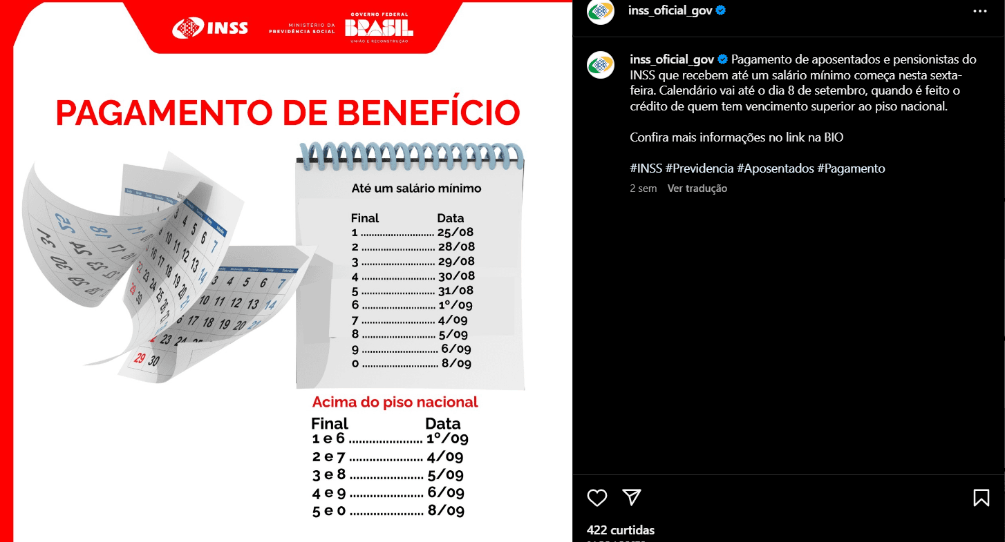 Datas dos pagamentos divulgadas pelo INSS através das suas redes sociais (Foto Reprodução/Internet) Datas dos pagamentos divulgadas pelo INSS através das suas redes sociais (Foto Reprodução/Internet)