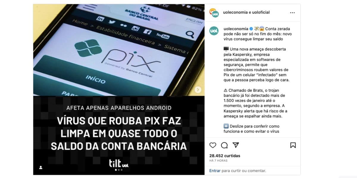 Notícia sobre golpe do PIX (Foto: Reprodução / Instagram) Notícia sobre golpe do PIX (Foto: Reprodução / Instagram)