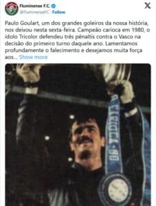 Clube lamentou a morte de uma de suas estrelas do time (Foto: Reprodução / Twitter) Clube lamentou a morte de uma de suas estrelas do time (Foto: Reprodução / Twitter)