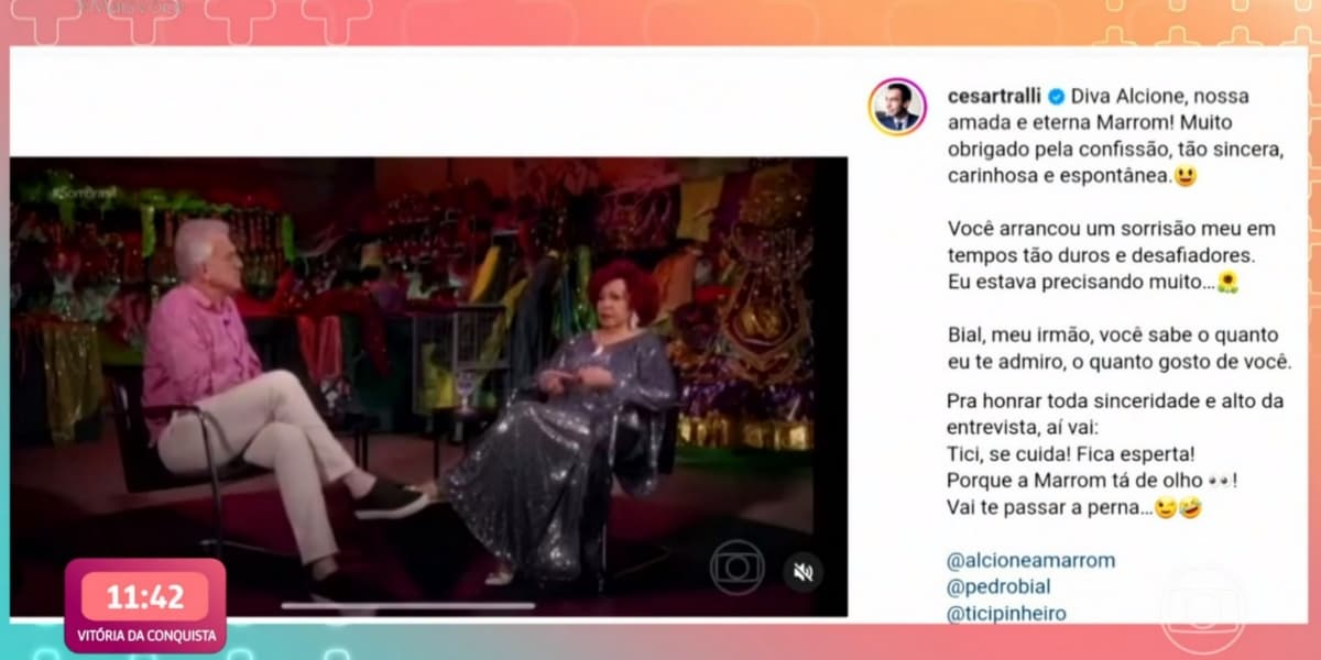 Cesar Tralli respondeu elogio de Alcione (Foto: Reprodução/TV Globo/Instagram) Cesar Tralli respondeu elogio de Alcione (Foto: Reprodução/TV Globo/Instagram)
