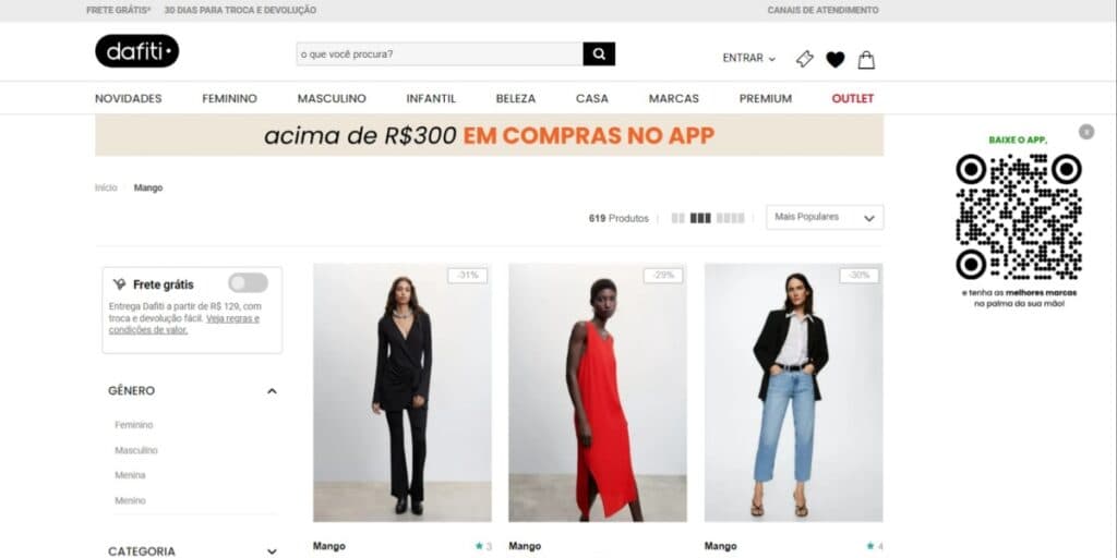 Página da Mango em catálogo brasileiro (Foto: Reprodução/Dafiti) Página da Mango em catálogo brasileiro (Foto: Reprodução/Dafiti)