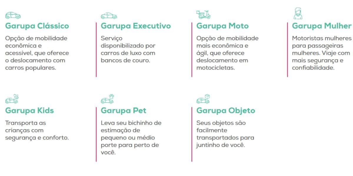 Serviços oferecidos pelo Garupa aos clientes (Reprodução: Internet) Serviços oferecidos pelo Garupa aos clientes (Reprodução: Internet)