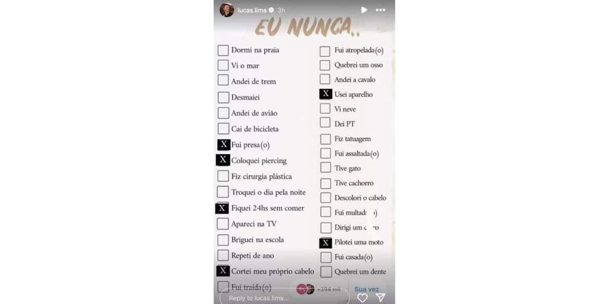 Eu nunca de Lucas Lima (Foto: Reprodução / Instagram) Eu nunca de Lucas Lima (Foto: Reprodução / Instagram)