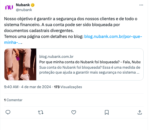 Comunicado Nubank sobre conta bloqueada (Foto: Reprodução / X) Comunicado Nubank sobre conta bloqueada (Foto: Reprodução / X)