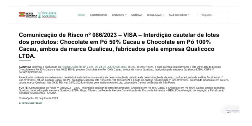Nota Anvisa da marca Qualicau (Foto: Reprodução / Site Vigilância Sanitária) Nota Anvisa da marca Qualicau (Foto: Reprodução / Site Vigilância Sanitária)