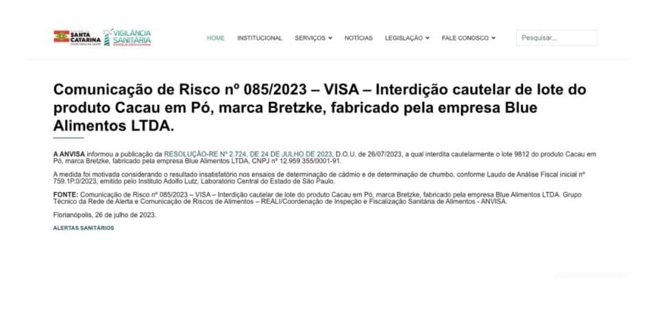 Nota Anvisa da marca Bretzke (Foto: Reprodução / Site Vigilância Sanitária) Nota Anvisa da marca Bretzke (Foto: Reprodução / Site Vigilância Sanitária)