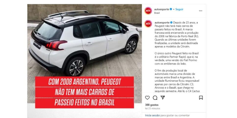Notícia sobre a Peugeot (Foto: Reprodução / Instagram) Notícia sobre a Peugeot (Foto: Reprodução / Instagram)