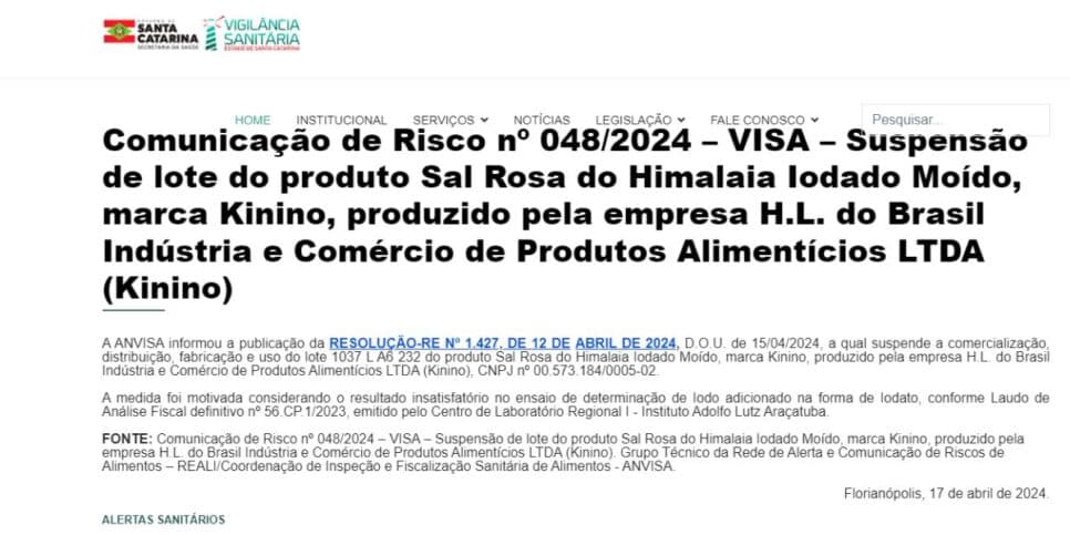 Comunicado da Anvisa sobre o Sal Rosa do Himalaia (Reprodução: Anvisa) Comunicado da Anvisa sobre o Sal Rosa do Himalaia (Reprodução: Anvisa)