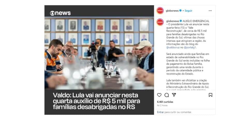 Notícia GloNews sobre novo auxílio (Foto: Reprodução / Instagram) Notícia GloNews sobre novo auxílio (Foto: Reprodução / Instagram)