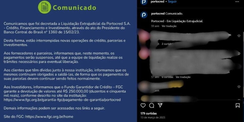 Comunicado da PortoCred pelas redes sociais (Foto Reprodução/Instagram)
