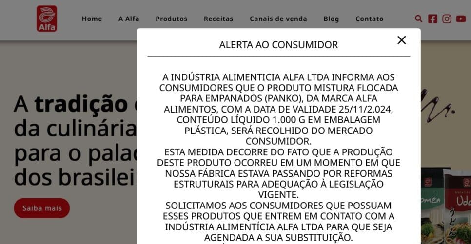 Alfa Alimentos emitiu um comunicado oficial (Foto: Reprodução / Site da Marca) Alfa Alimentos emitiu um comunicado oficial (Foto: Reprodução / Site da Marca)