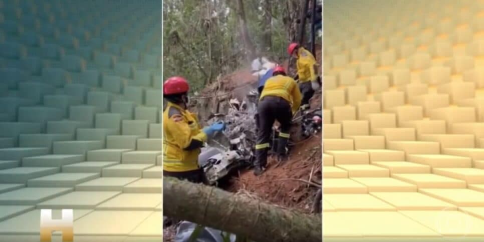 Destroços de avião e equipe de resgate (Foto: Reprodução / Globo) Destroços de avião e equipe de resgate (Foto: Reprodução / Globo)