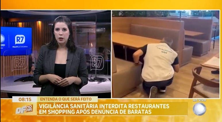 DF No Ar, jornal da Record TV confirmou interdição de 3 restaurantes em shopping (Foto: Reprodução / R7) DF No Ar, jornal da Record TV confirmou interdição de 3 restaurantes em shopping (Foto: Reprodução / R7)