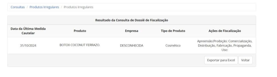 A BOTOX Coconut permanece como irregular na ANVISA (Foto Reprodução/ANVISA) A BOTOX Coconut permanece como irregular na ANVISA (Foto Reprodução/ANVISA)