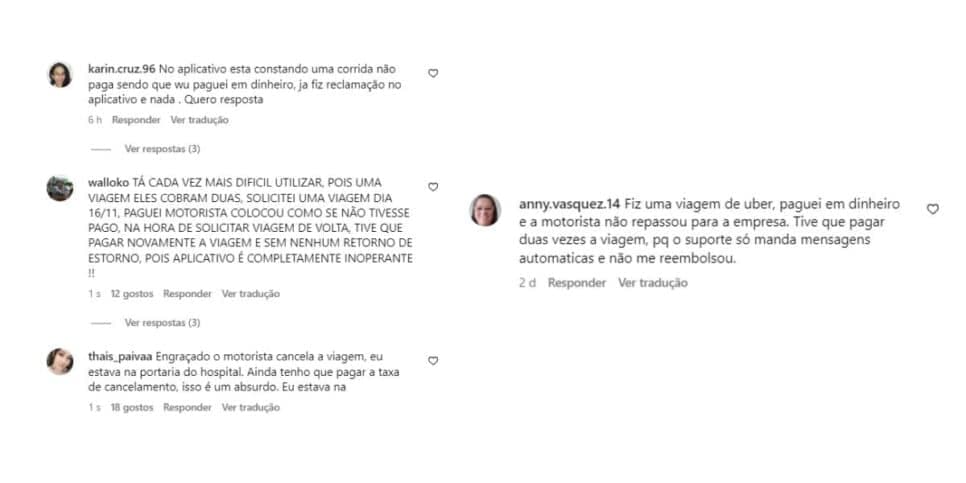 Reclamação sobre a Uber (Fotos: Reprodução / redes sociais) Reclamação sobre a Uber (Fotos: Reprodução / redes sociais)