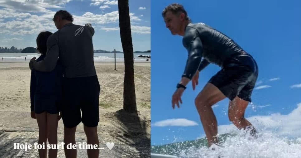 O empresário ao lado do seu filho surfando (Foto: Reprodução/Montagem TV Foco) O empresário ao lado do seu filho surfando (Foto: Reprodução/Montagem TV Foco)