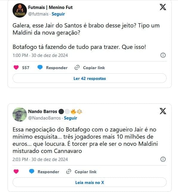 Repercussão da torcida do Botafogo e do Santos (Foto: Reprodução / X)

