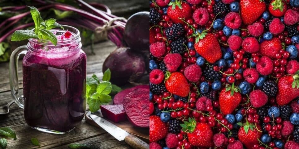 Suco de beterraba com frutas vermelhas (Reprodução: Montagem TV Foco) Suco de beterraba com frutas vermelhas (Reprodução: Montagem TV Foco)