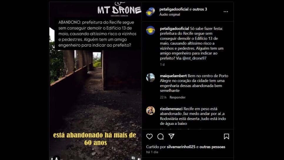 Perfil oficial no Instagram denunciou que o Edifício 13 de Maio ainda não foi demolido (Foto Reprodução/Instagram)