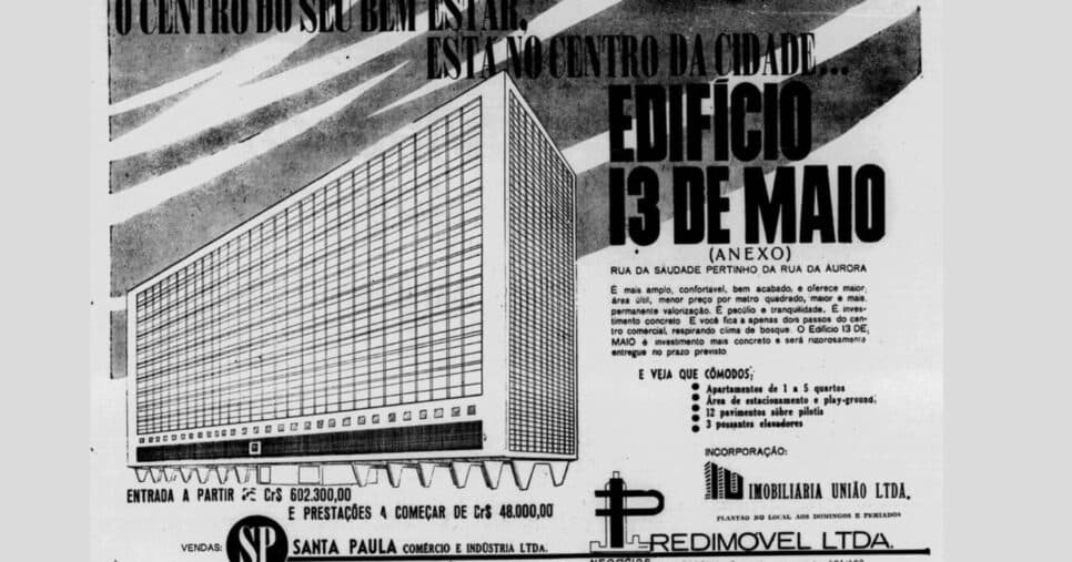 Edifício 13 de Maio sendo anunciado em  reclame publicitário em meados de 1959 (Foto Reprodução/YouTube)
