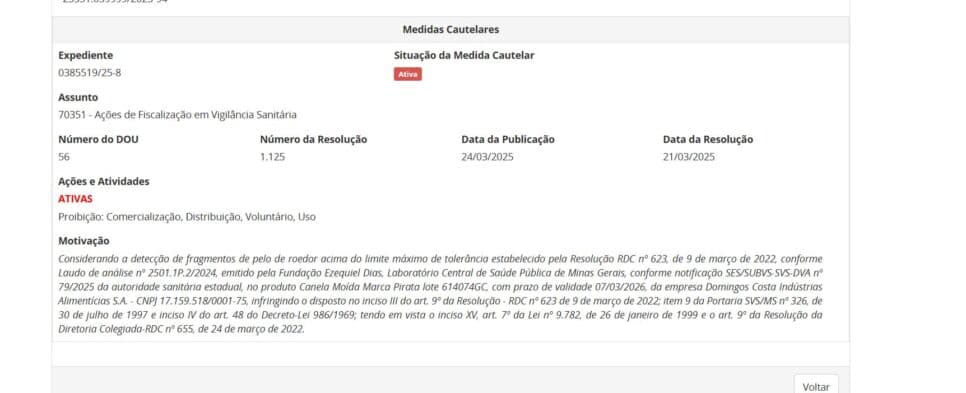 Resolução parte 1 contra o lote da canela moída (Foto Reprodução/ANVISA) Resolução parte 1 contra o lote da canela moída (Foto Reprodução/ANVISA)