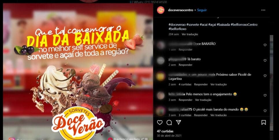 Doce Verão recebe enxurrada de comentários ironizando e denunciando o picolé com baratas (Foto Reprodução/Instagram)