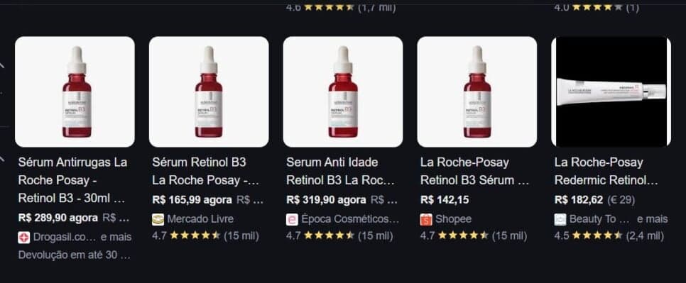 Retinol da La Roche pod custar uma média de R4300 dependendo do local de compra e intensidade (Foto Reprodução/Google Shopping) Retinol da La Roche pod custar uma média de R4300 dependendo do local de compra e intensidade (Foto Reprodução/Google Shopping)